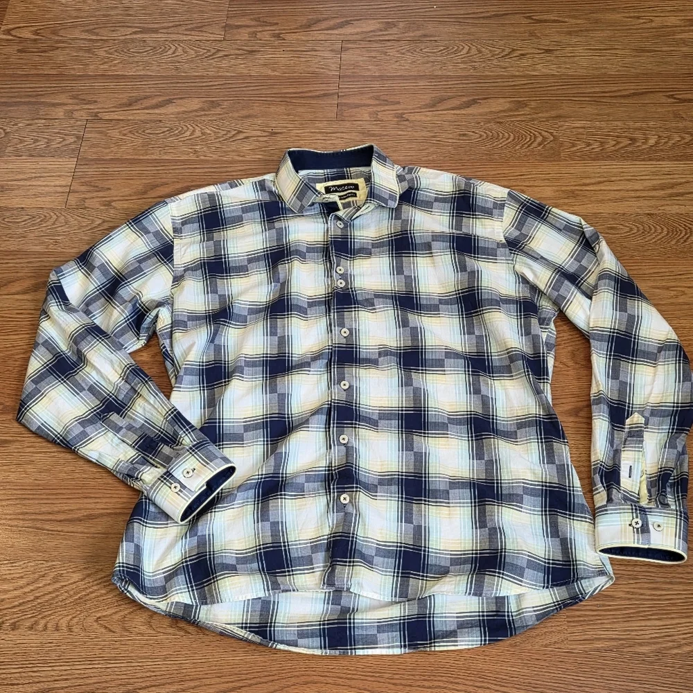 Maceoo Long Sleeve Button Down Shirt Mens L Yellow Italian Plaid Geometric Print - Picture 1 of 14